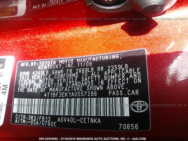 4T1BF3EK1AU557296 - 2010 TOYOTA CAMRY SE/LE/XLE RED photo 9