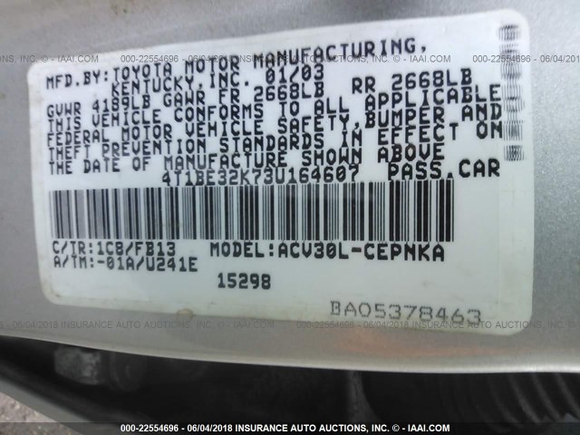 4T1BE32K73U164607 - 2003 TOYOTA CAMRY LE/XLE/SE SILVER photo 9