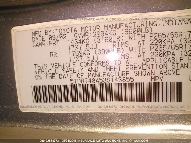 5TDBT48A53S143855 - 2003 TOYOTA SEQUOIA LIMITED GRAY photo 9