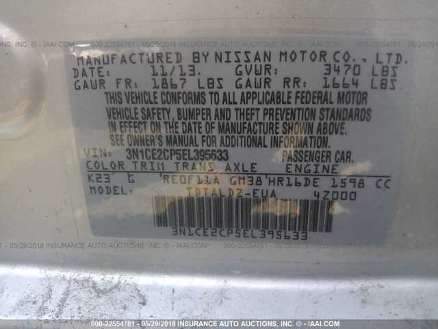 3N1CE2CP5EL395633 - 2014 NISSAN VERSA NOTE S/S PLUS/SV/SL SILVER photo 9