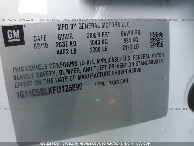 1G11C5SLXFU125890 - 2015 CHEVROLET MALIBU 1LT 白色 照片 9