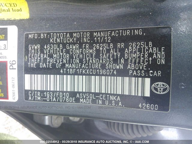 4T1BF1FKXCU196074 - 2012 TOYOTA CAMRY SE/LE/XLE GRAY photo 9