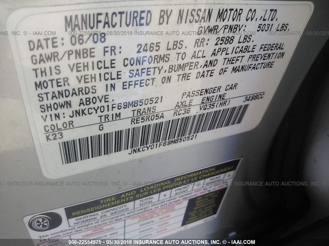 JNKCY01F69M850521 - 2009 INFINITI M35 SPORT SILVER photo 9