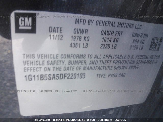 1G11B5SA5DF220103 - 2013 CHEVROLET MALIBU LS 黑色 照片 9