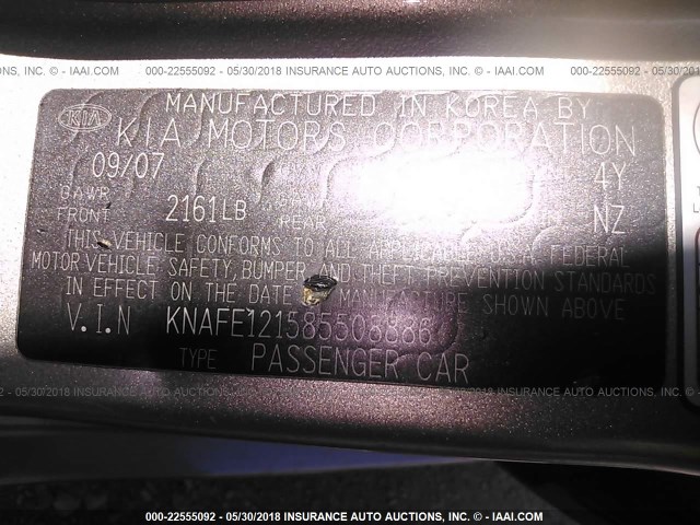 KNAFE121585508886 - 2008 KIA SPECTRA EX/LX/SX GOLD photo 9