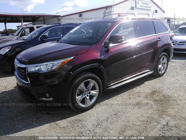 5TDYKRFH7FS066811 - 2015 TOYOTA HIGHLANDER LIMITED/LTD PLATINUM BURGUNDY photo 2