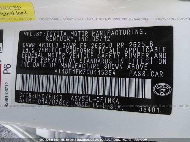 4T1BF1FK7CU115354 - 2012 TOYOTA CAMRY SE/LE/XLE WHITE photo 9