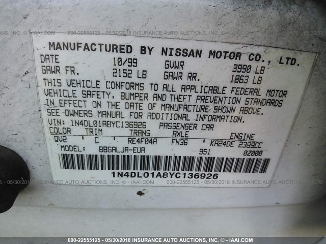 1N4DL01A8YC136926 - 2000 NISSAN ALTIMA XE/GXE/SE/GLE WHITE photo 9