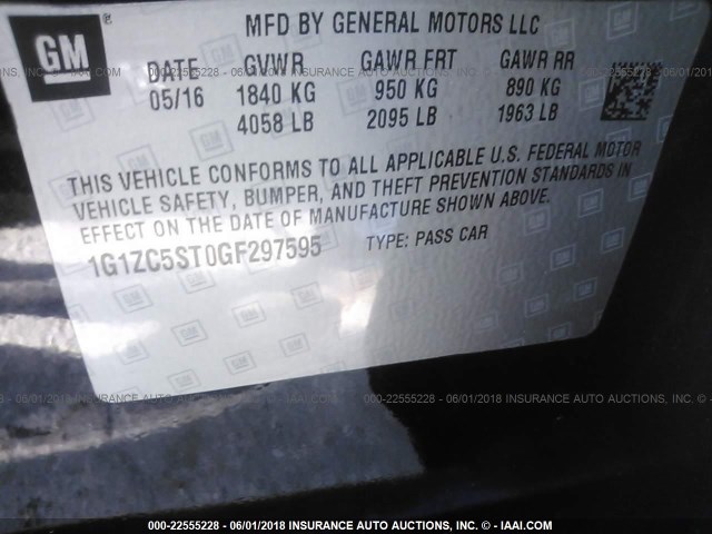 1G1ZC5ST0GF297595 - 2016 CHEVROLET MALIBU LS შავი ფოტო 9