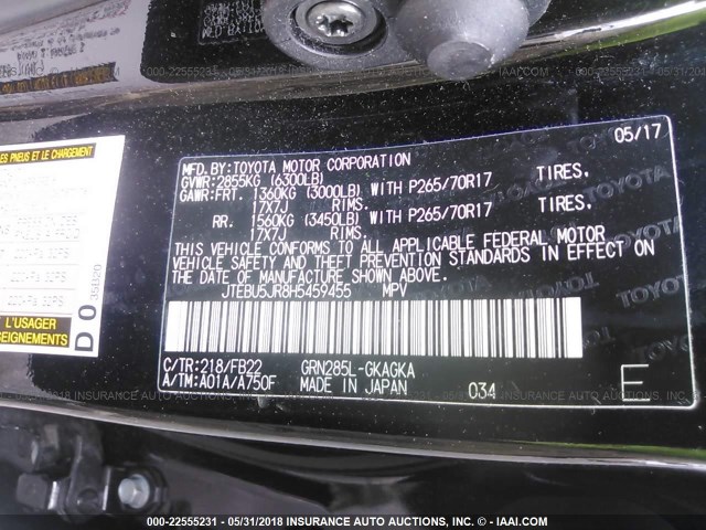 JTEBU5JR8H5459455 - 2017 TOYOTA 4RUNNER SR5 PREM/LTDL/TRAIL/TRD 黑色 照片 9