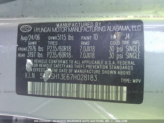 5NMSH13E67H028183 - 2007 HYUNDAI SANTA FE SE/LIMITED GRAY photo 9