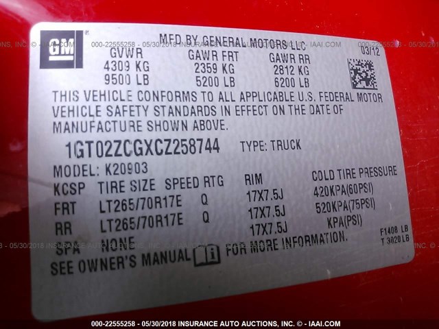 1GT02ZCGXCZ258744 - 2012 GMC SIERRA K2500 HEAVY DUTY RED photo 9