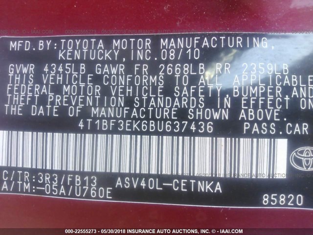 4T1BF3EK6BU637436 - 2011 TOYOTA CAMRY SE/LE/XLE RED photo 9