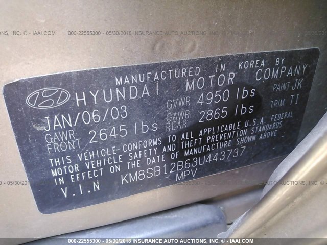 KM8SB12B63U443737 - 2003 HYUNDAI SANTA FE GL GOLD photo 9