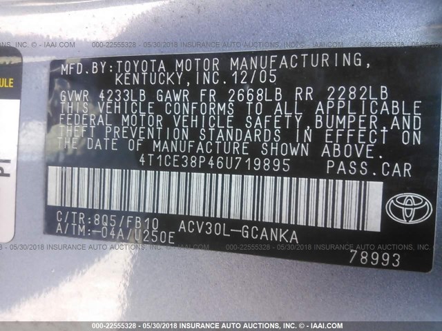 4T1CE38P46U719895 - 2006 TOYOTA CAMRY SOLARA SE/SLE BLUE photo 9