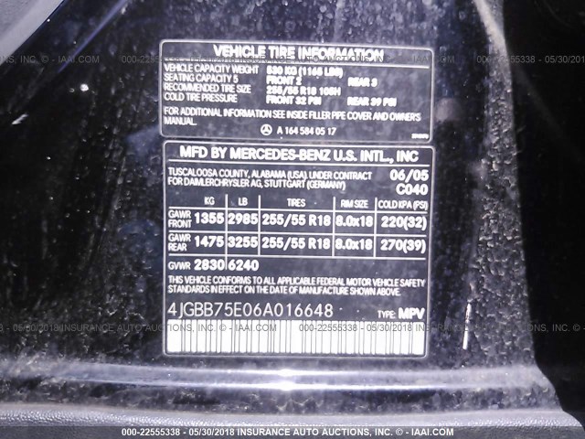 4JGBB75E06A016648 - 2006 MERCEDES-BENZ ML 500 BLACK photo 9