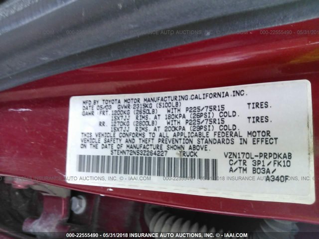 5TEHN72N53Z264227 - 2003 TOYOTA TACOMA DOUBLE CAB RED photo 9