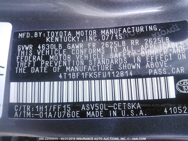 4T1BF1FK5FU112814 - 2015 TOYOTA CAMRY LE/XLE/SE/XSE GRAY photo 9