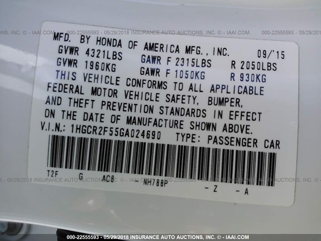 1HGCR2F55GA024690 - 2016 HONDA ACCORD SPORT 白色 照片 9