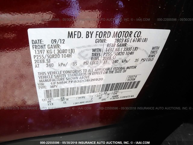 1FM5K7F83DGB26920 - 2013 FORD EXPLORER LIMITED RED photo 9