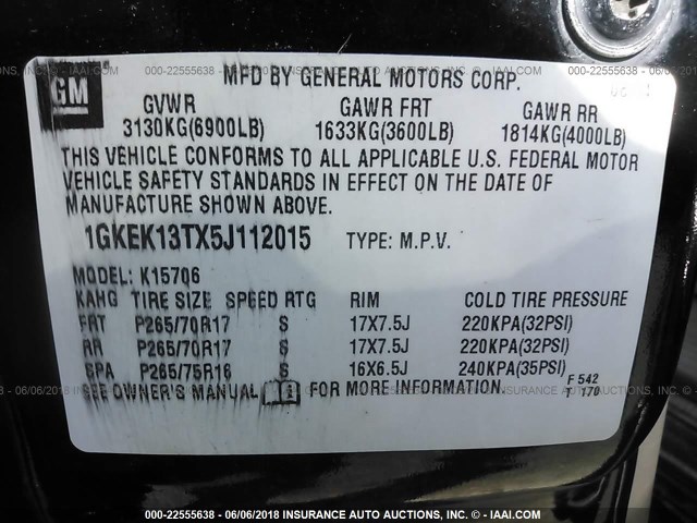 1GKEK13TX5J112015 - 2005 GMC YUKON BLACK photo 9