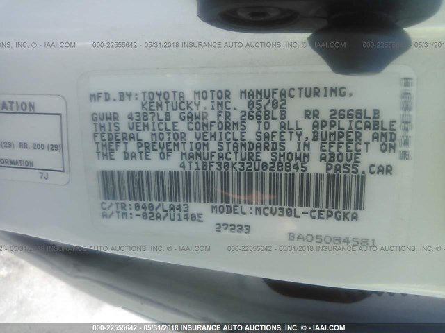 4T1BF30K32U028845 - 2002 TOYOTA CAMRY LE/XLE/SE 白色 照片 9