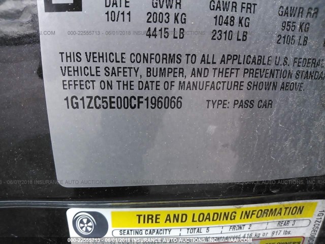 1G1ZC5E00CF196066 - 2012 CHEVROLET MALIBU 1LT 黑色 照片 9