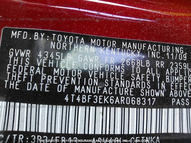 4T4BF3EK6AR068317 - 2010 TOYOTA CAMRY SE/LE/XLE 红色 照片 9