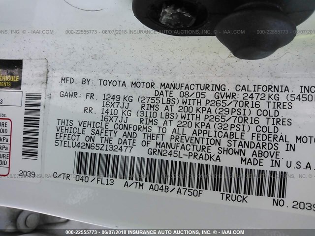 5TELU42N65Z132477 - 2005 TOYOTA TACOMA DOUBLE CAB თეთრი ფოტო 9