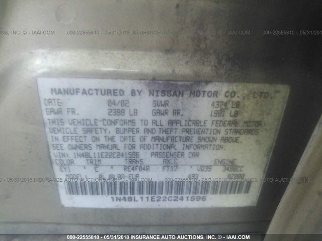 1N4BL11E22C241596 - 2002 NISSAN ALTIMA SE GOLD photo 9