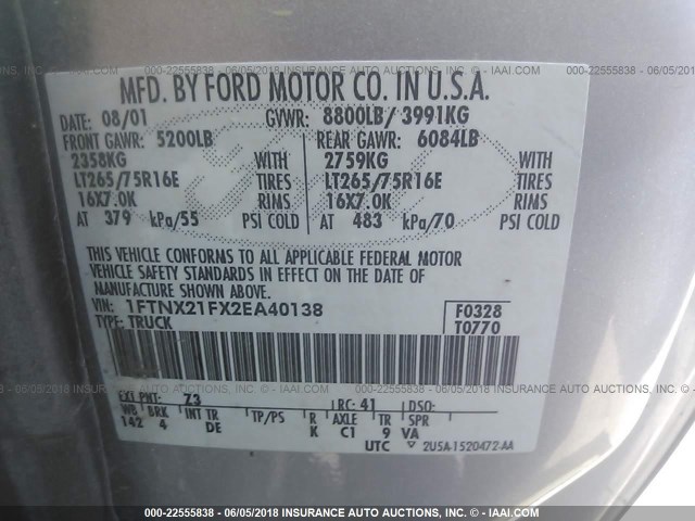 1FTNX21FX2EA40138 - 2002 FORD F250 SUPER DUTY Gümüş foto 9