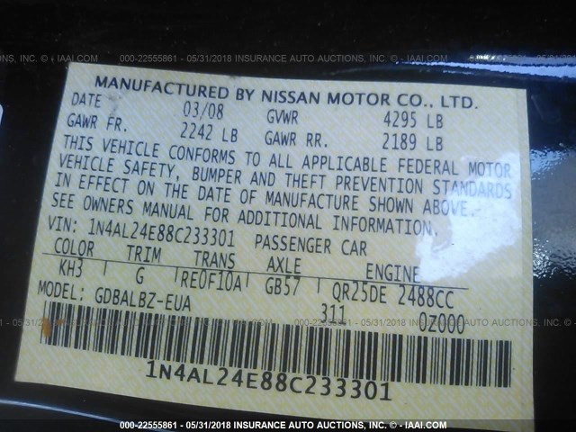 1N4AL24E88C233301 - 2008 NISSAN ALTIMA 2.5S BLACK photo 9