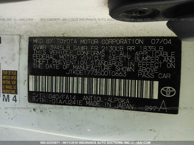 JTKDE177350010663 - 2005 TOYOTA SCION TC 白色 照片 9