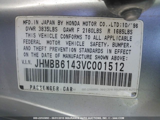 JHMBB6143VC001512 - 1997 HONDA PRELUDE GRAY photo 9