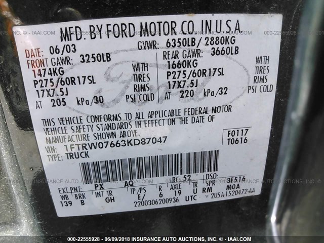 1FTRW07663KD87047 - 2003 FORD F150 SUPERCREW GREEN photo 9