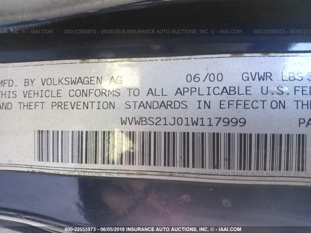 WVWBS21J01W117999 - 2001 VOLKSWAGEN GOLF GL Dark Blue photo 9