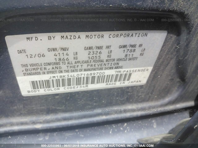 JM1BK34L071689700 - 2007 MAZDA SPEED 3 BLUE photo 9