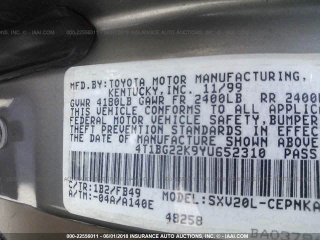 4T1BG22K9YU652310 - 2000 TOYOTA CAMRY CE/LE/XLE GOLD photo 9