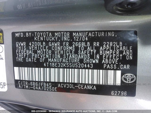 4T1BE32K55U520443 - 2005 TOYOTA CAMRY LE/XLE/SE ვერცხლისფერი ფოტო 9