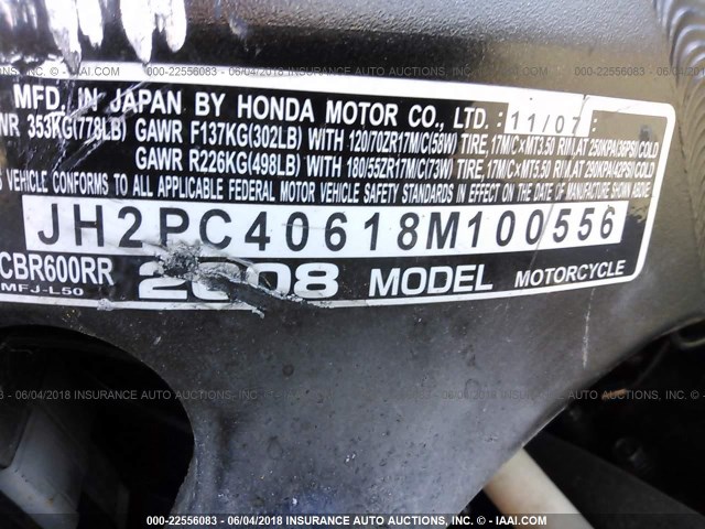 JH2PC40618M100556 - 2008 HONDA CBR600 RR WHITE photo 10