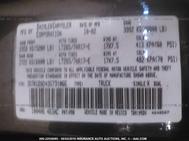 3D7KU28D43G731066 - 2003 DODGE RAM 2500 ST/SLT 灰色 照片 9