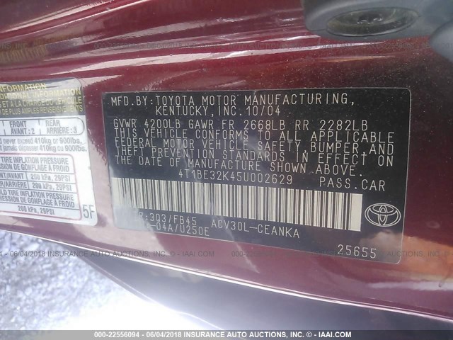 4T1BE32K45U002629 - 2005 TOYOTA CAMRY LE/XLE/SE წითელი ფოტო 9