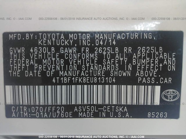 4T1BF1FK8EU813104 - 2014 TOYOTA CAMRY L/SE/LE/XLE 白色 照片 9