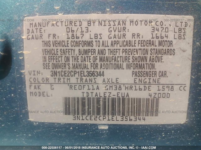 3N1CE2CP1EL356344 - 2014 NISSAN VERSA NOTE S/S PLUS/SV/SL BLUE photo 9