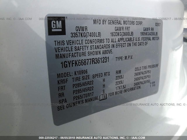 1GYFK66877R361231 - 2007 CADILLAC ESCALADE ESV WHITE photo 9