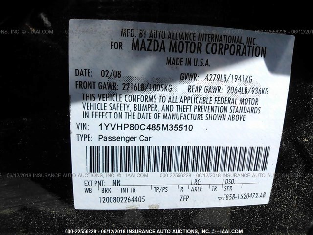 1YVHP80C485M35510 - 2008 MAZDA 6 I BLACK photo 9