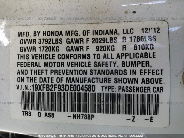 19XFB2F93DE004580 - 2013 HONDA CIVIC EXL თეთრი ფოტო 9