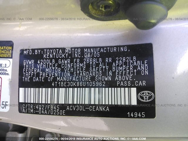 4T1BE30K86U105962 - 2006 TOYOTA CAMRY LE/XLE/SE ოქროსფერი ფოტო 9