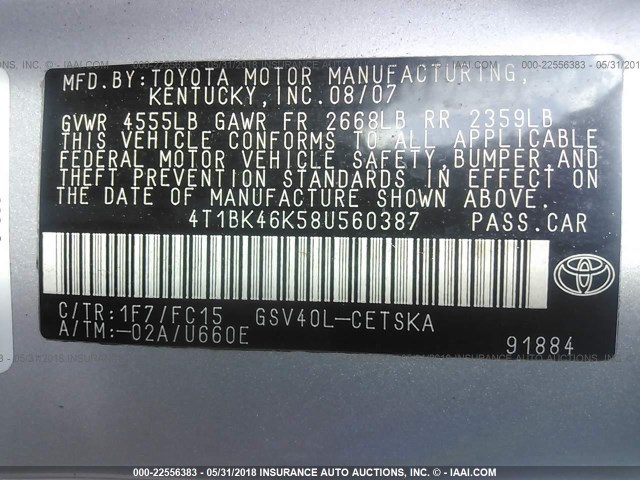 4T1BK46K58U560387 - 2008 TOYOTA CAMRY LE/XLE/SE 银色 照片 9