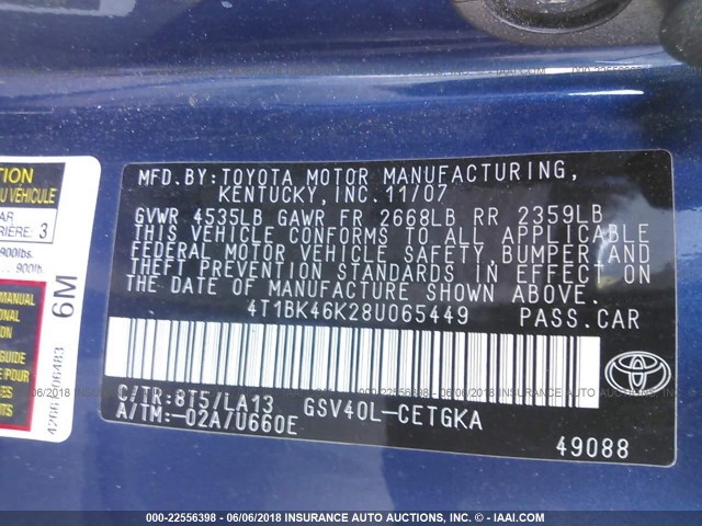 4T1BK46K28U065449 - 2008 TOYOTA CAMRY LE/XLE/SE ლურჯი ფოტო 9
